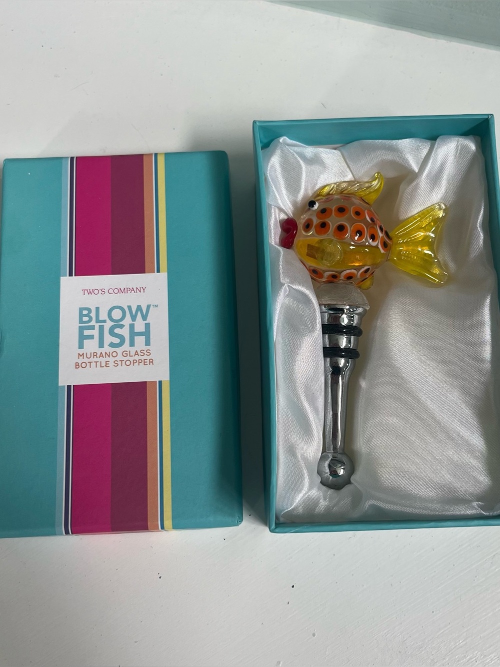 Two’s Company Yellow Blow Fish Murano Glass Wine Bottle Stopper NEW Bar Gift